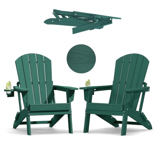 Image of Plawdlik HDPE Folding Adirondack Chair Set of 2 with Cup Holder, Green | SGS Tested, Wooden Textured, Heavy All-Weather HDPE Comfortable Set Poolside Backyard Lawn