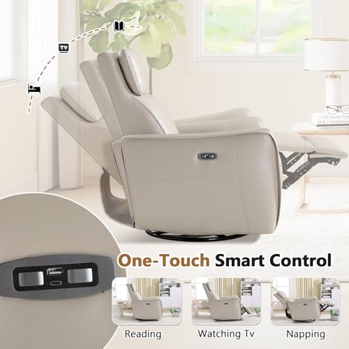 Image of HAOMARKETS Electric Swivel Rocker Recliner Chair, Power Faux Leather Glider Rocking Recliners for Adults,360 Swivel Nursery Reclining Sofa with USB Charging Port, Beige
