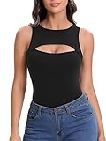 Verdusa Women's Casual Cut Out Sleeveless Round Neck Slim Fitted Tank Top Black S