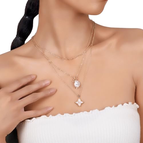 Clover Necklace for Women 14K Gold Plated with CZ Lucky Charm Adjustable Dainty Chain Jewelry Gift 20+1.5"4