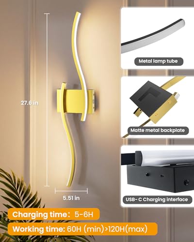 Image of NIORSUN 27.6 Inch Battery Operated Wall Sconce Set of 2, Gold Modern Rechargeable Wall Lights with Remote, 3CCT Dimmable Wireless Wall Lamp for Living Room Bedroom Hallway