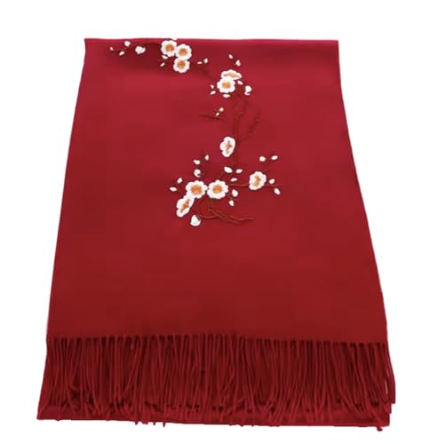 Secret for Longevity Classic Medium Weight Japanese Sakura Cherry Blossom Embroidered Deep Red Burgundy Womens Cashmere Feel Scarf Wrap (27