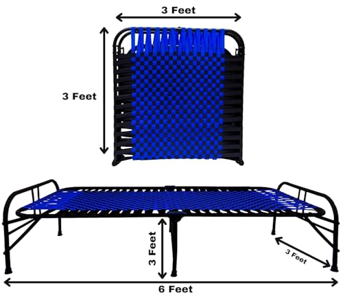 Image of Folding Bed | 1 Year Warranty | Portable Single Bed | 3X6 Feet Bed Size | Strong Iron Steel Metal Frame Pipe | Bed for Sleeping Guest, Easily Storable (Synthetic Strip Blue)