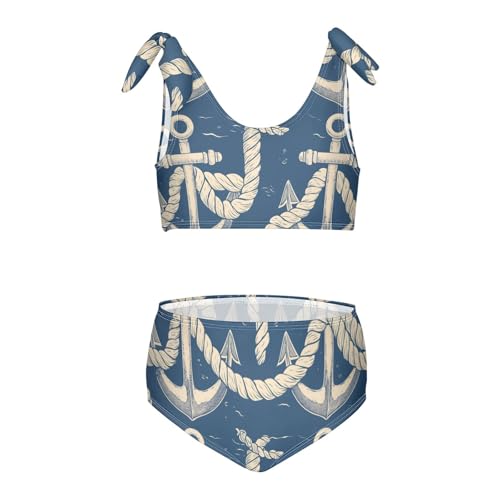 KLL Navy Blue Striped Rope and Ocean Girls' Two Piece Bikini Set Scoop Neck Swimsuits Swimming Suits Adjustable Strap