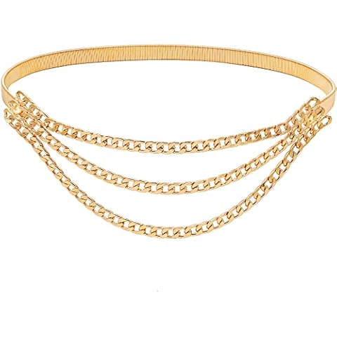 Suyi Skinny Stretch Belt Multilayer Metal Waist Belts Elastic Cinch Waistband for Women 100CM Gold Cover