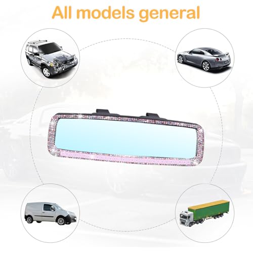 Image of Osilly Bling Car Rearview Mirror, Decorations Rear View Mirror with Crystal Rhinestones & Diamonds, Car Interior Trim Accessories, Clip-on & HD Glass, Sparkly Gift (Pink)