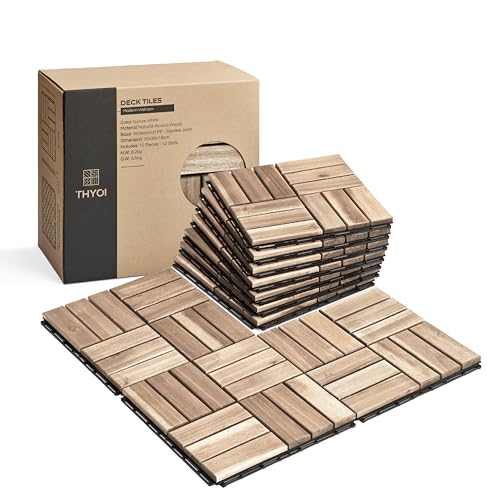 THYOI Premium Deck Tiles, Patio Flooring - Set 10 Pcs 12”x12”x0.9” Interlocking Deck Tiles, Waterproof Acacia Wood for Balcony, Backyard, Indoor & Outdoor (White, Crossed Pattern, Square Joints)