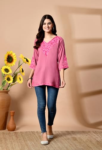 Image of LIBOZA Embroidered Kashmiri Tunic Top, Short Kurti for Women on Jeans, V-Neck, 3 /4 Sleeve, Floral Design,