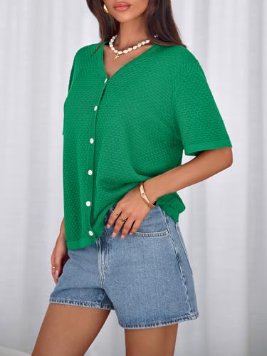Image of NALANISA Women's Short Sleeve Sweater Spring Summer Crochet Knit Tops 2026 V Neck Striped Button Down Dressy Casual Blouses