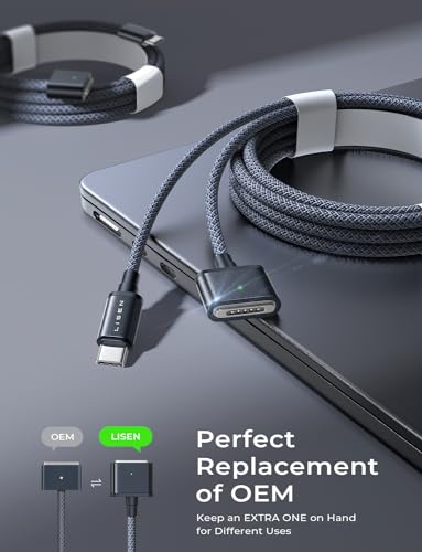 Image of LISEN Macbook Magsafe Charger (6.6FT) for M5 /M4 /M3 MacBook Pro Air Charger, 140W USB-C to Magnetic Safe 3 Cable for Pro (16 inch /14 inch 2025, 2024, 2023, 2021) Air (15'' /13'' 2025, 2024, 2023, 2022) Midnight