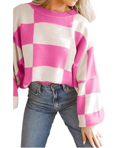 Image of Women's Casual Crew-Neck Long Sleeve Sweater Checkered Pullover Knit Sweaters Jumper Top