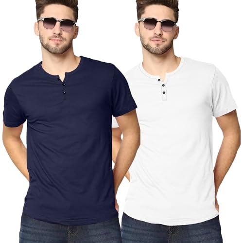 Image of LAZYCHUNKS Henley Neck Men's Cotton Half Plain Sleeves Slim Fit T-Shirt | Round Neck Men's Tshirt | Solid Colors | Summer Wear | - Multicolor