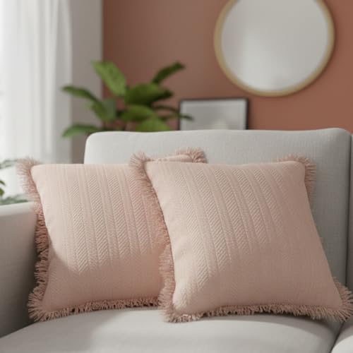 Image of Cotton Cushion Covers 16x16 Inch | Handwoven Pink Decorative Square Cushion Case with Fringe | Sofa, Living Room, Bedroom, Diwan Home Decor Throw Cushion Cover