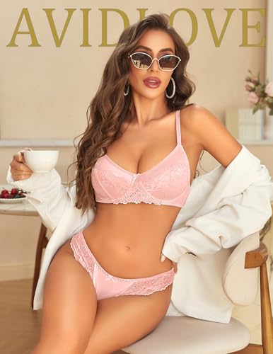 Image of Avidlove Lingerie Sets for Women Sexy 2 Piece Bra and Panty Set | Satin Lace Lingerie Set Unlined Underwire Bra Outfits