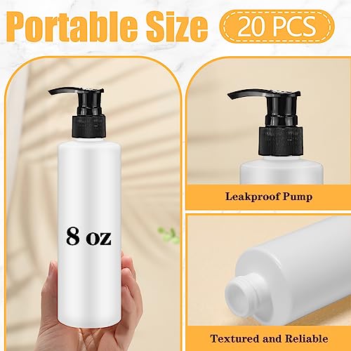 Thyle 20 Pcs Plastic Pump Dispenser Bottle 8 oz Refillable Plastic Bottles Bulk Lotion Container Travel Lock Empty container for Shampoo Massage Oil Dispensing (White bottle, black head)2