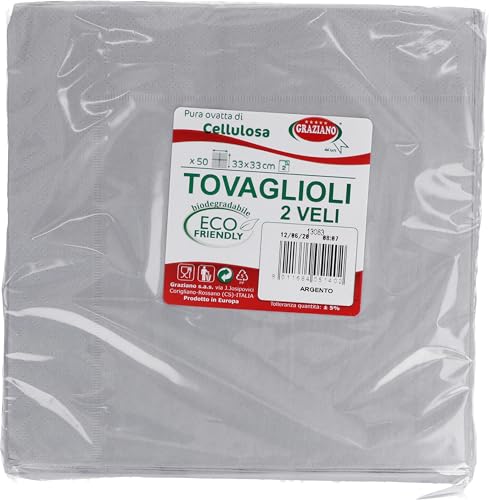 Graziano, Servilletas de papel desechables biodegradables, ideales para fiestas y comidas, paquete de 50 servilletas, formato 33 x 33, dobladas en 4, doble capa, pura guata de celulosa, color plateado