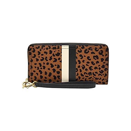 Fossil Logan Damen-Clutch, Leder, RFID-blockierend, mit umlaufendem Reißverschluss, mit Handgelenkriemen für Damen, Gepard, 7.75" L x 0.75" W x 4" H