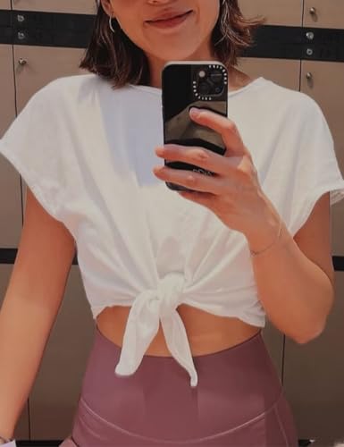 Womens Solid Ruched Tie Front T Shirt Summer Basic Tee Shirts Cap Sleeve Crop Tops Outfits2