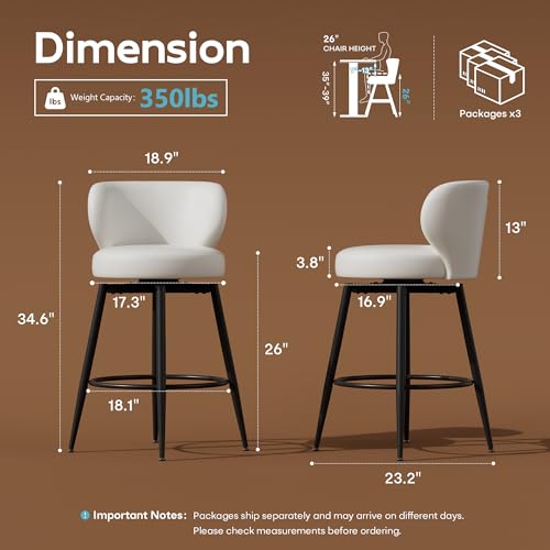 Image of 26 inch Cream White Bar Stools Set of 6, Swivel Kitchen Island Chairs
