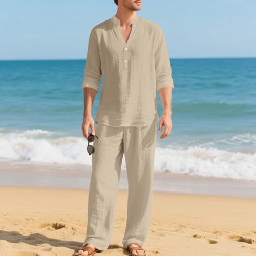 Mens Casual Two Piece Outfits Button Down Long Sleeve Shirts and Elastic Waist Pants Set Trendy Casual Vacation Outfit4