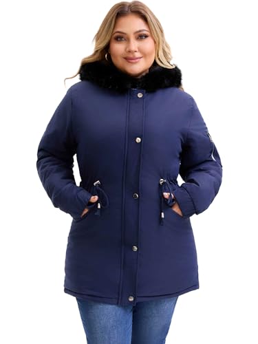 Agnes Orinda Plus Size Parka Jacket for Women Faux Fur Hood Drawstring Waist Fleece Lined Zipper Winter Coat with Pockets
