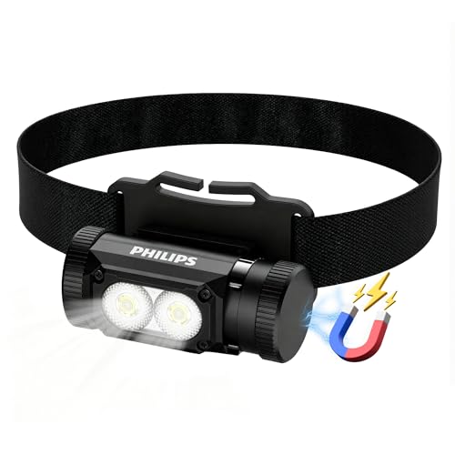 PHILIPS SFL3255 LED Headlamp Rechargeable 1500 Lumens Super Bright Aluminium Magnetic Attraction Head Light Flashlight Adults-Camping Accessories Gear 5 Modes for Outdoor Setting USB Cable Included