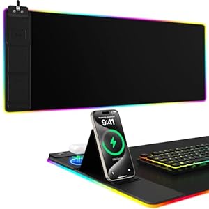 Alfombrilla de mouse con soporte para teléfono, alfombrilla de escritorio de carga inalámbrica, alfombrilla de mouse RGB para juegos para oficina en casa, almohadilla de escritorio grande con