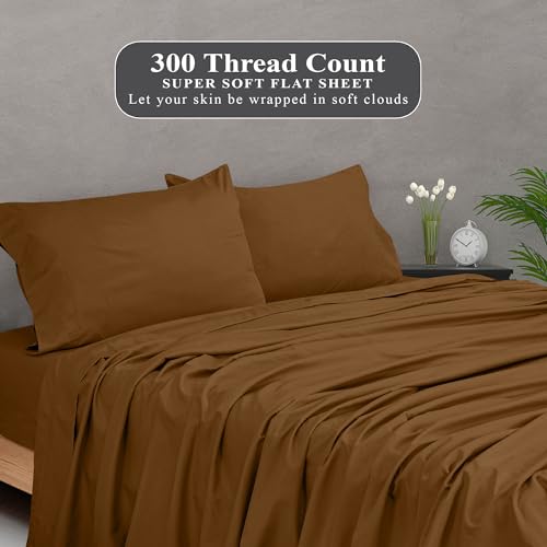 Image of Royale Linens 300 Thread Count 100% Long Staple Combed Cotton Flat Sheet - Super Soft - Top Sheets - King Flat Sheet Sold Separately - Breathable, Cool & Crisp Percale Sheets Only (King, Chocolate)