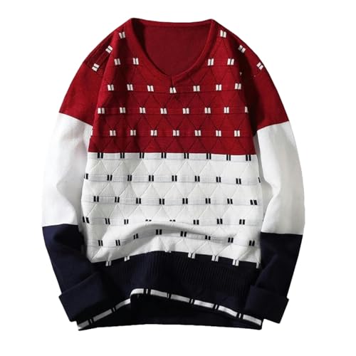 Men's V-Neck Collar Sweaters Long Sleeve Patchwork Winter Dot Patterned Sweater Korean Style Casual Pullovers4