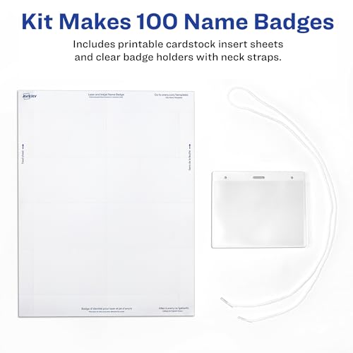 Image of Avery Customizable Name Badges, Includes Cords, 3 inch x 4 inch, Laser /Inkjet Printable Inserts, 100 Name Tag Holders per Pack, 500 Total (5 Packs of 74459)