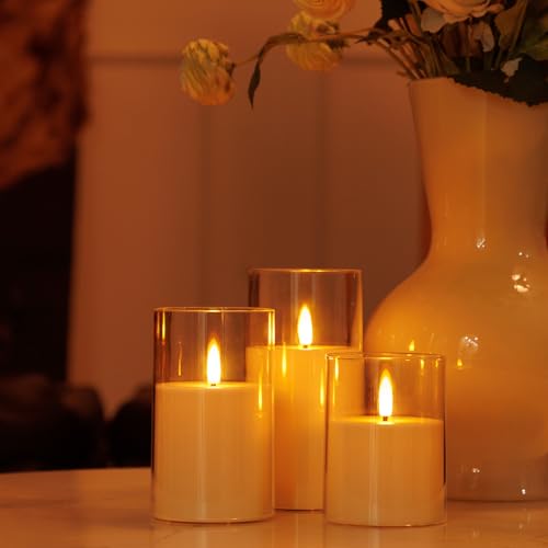 Image of Flickering Flameless Candles,Battery Operated Candles,Acrylic Pillar Candles, Realistic LED Candles with Remote and Timer,Set of 3