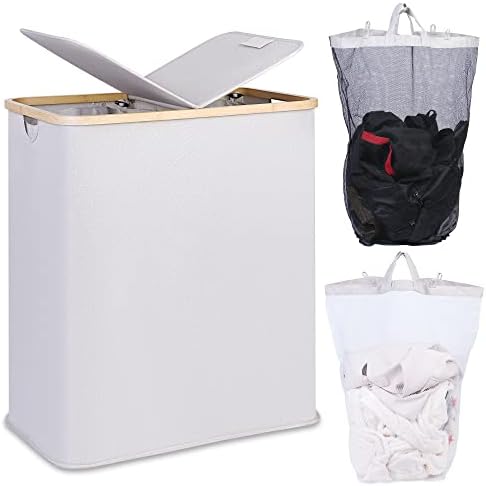 efluky Double Laundry Hamper with Lid, Divided Laundry Hamper with Removable Bags, 2 Section Dirty Clothes Basket with Handles for Bathroom, Bedroom & Laundry Room, 140L Beige