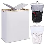 efluky 140L Laundry Baskets with Lid 2 Compartments, Large Laundry Hamper, Double Laundry Basket Laundry Storage with 2 Removable Bags, Light Grey