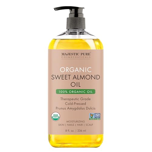 Majestic Pure USDA Organic Sweet Almond Body Oil | Large 236 ml | 100% Pure & Natural Cold Pressed Oil Sweet Almond Oil for Skin Face Nails Hair Scalp & Massage | 236 ml