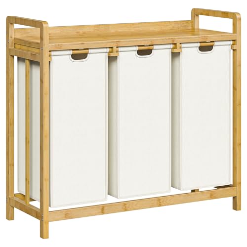 HOOBRO Cesto de Ropa Sucia de 3 Compartimentos, Clasificador de Ropa con Estante, Bolsas de Tela Oxford Desmontables de 3 x 43 L, Marco de Bambú, para Dormitorio, Baño y Salón, Natural EYL82XY01