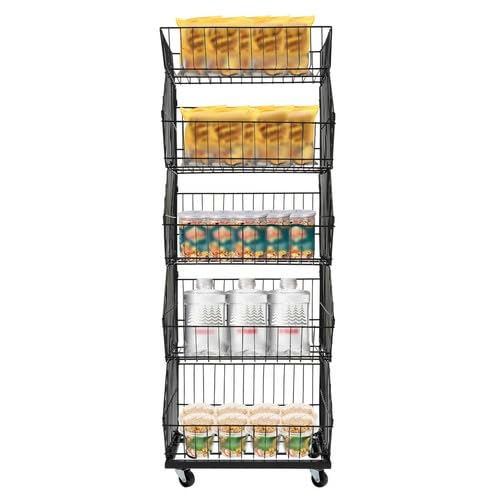 5 Tier Retail Display Rack, 44LBS Capacity Per Tier Slanted Basket Merchandise Rack with 4 Wheels, Metal Wire Display Shelf Cart for Store Home Kitchen