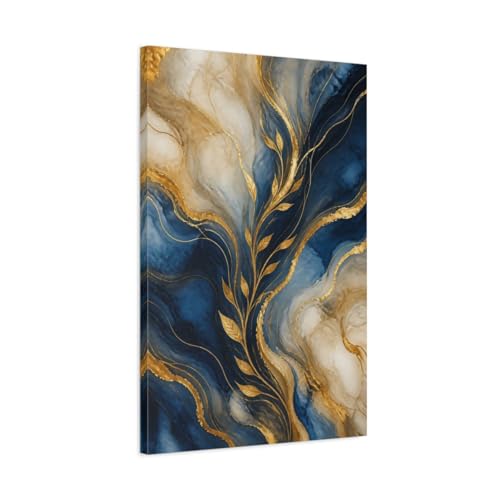Tableau Abstract Gold Leaves Blue de qualité galerie avec châssis de 3 cm