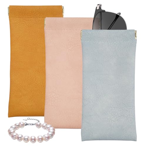 Image of Glasses Case Soft, 3 Pack Squeeze Top Sunglasses Case, 2025 New PU Leather Lightweight Eyeglass Cases For Women Men, Cosmetics And Jewelry Storage Bags