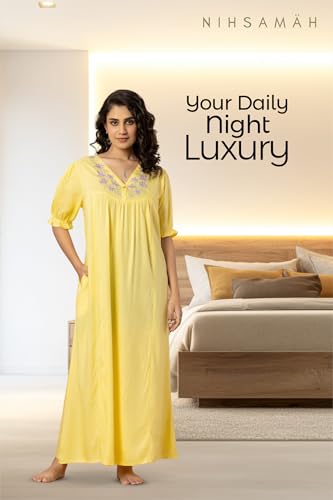 Image of NIHSAMAH Viscose Nighty for Women, Embroidered & Printed Stylish Night Gown, Long Sleeve Comfortable Sleepwear Long Nightwear, Maxi