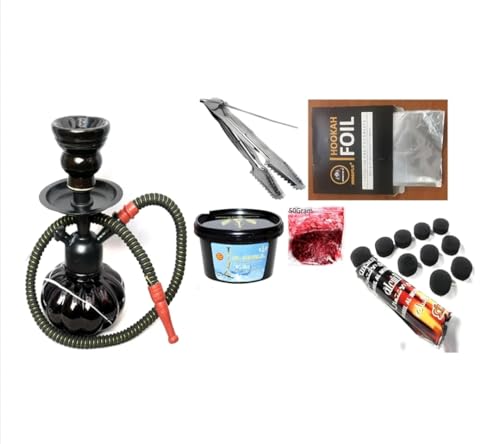 Image of Complete Hookah Set with Black Glass Base, Double Hose, Charcoal, Tongs, 50g, Coal Pack, Ceramic Bowl
