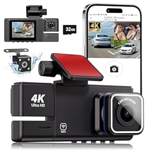 3 Channel WiFi Dash Cam, 4K UHD Dash Cam Front and Rear, Dash Camera for Cars, Car Camera with Free 32GB Card, APP,G-Sensor, 24Hr Parking, 170°Wide Angle, Loop Recording, IR Night Vision