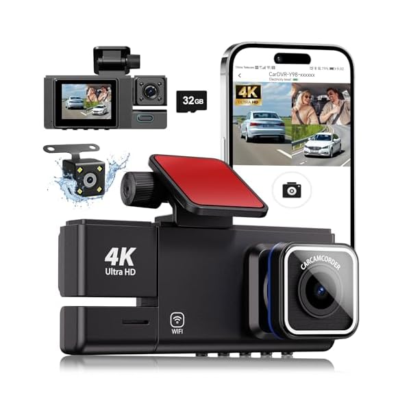 3 Channel WiFi Dash Cam, 4K UHD Dash Cam Front and Rear, Dash Camera for Cars, Car Camera with Free 32GB Card, APP,G-Sensor, 24Hr Parking, 170°Wide Angle, Loop Recording, IR Night Vision