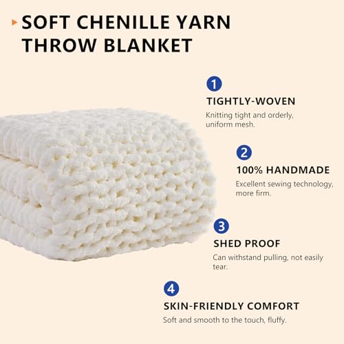 L'AGRATY Chunky Knit Blanket Throw: 80''x90'' Chenille Chunky Knitted Throw Blanket for Bed Couch - Handmade Thick Big Cable Knit Blanket - Large Chunky Crochet Blanket for Home Decor(Cream White)