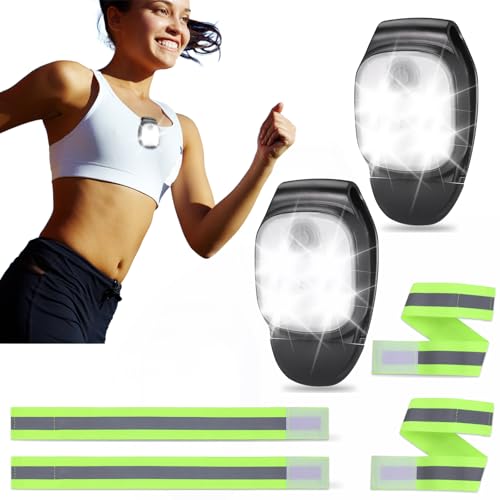 JIZZU 2Pcs Luces de Carrera con 4Pcs Cinta Reflectante, Linterna Running con Clip, 4 Modos de Brillo Luz para Correr con Batería Recargable para Acampar, Caminar, Trotar, Aventuras al Aire Libre