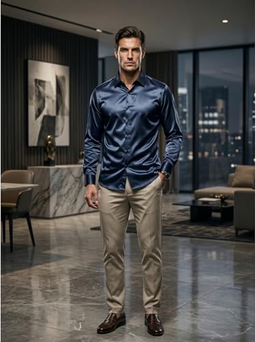 Image of DEELMO Men's Stylish Solid Satin Casual Shirt for Men Full Sleeves| Poly Satin Silk Shirt