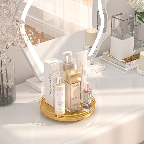 Image of 9 inch Gold Lazy Susan for Table Top, Oak Wood Lazy Susan Turntable Organizer for Dining Coffee Table Centerpiece Bar Decor Kitchen Countertop Bathroom Vanity Decorative Tray for Perfume Jewelry Round
