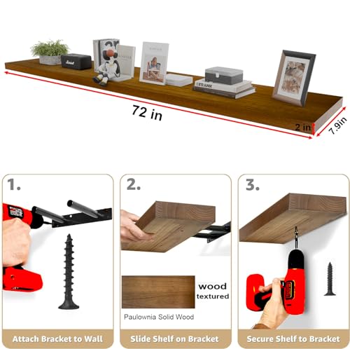 Image of IAE Walnut Floating Wall Shelves 72 inch, Bathroom Shelf Wall Mounted,Invisible Shelf Floating Kitchen Shelving,Wooden Wall Shelves with Brackets for Living Room Wall Mounted,Easy Install,Set of 2