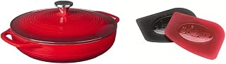 EC3CC43 Enameled Cast Iron Covered Casserole, 3-Quart, Island Spice Red & SCRAPERPK Durable Pan Scrapers, Red and Black, 2-Pack