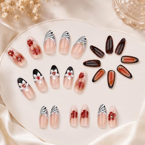 Image of Secret Lives Almond Press-On Nails 3D White,Orange Flower Tortoiseshell Nails with Gold Accents & Zebra French Tip Artificial Nail Art, 24-Piece Set with Kit