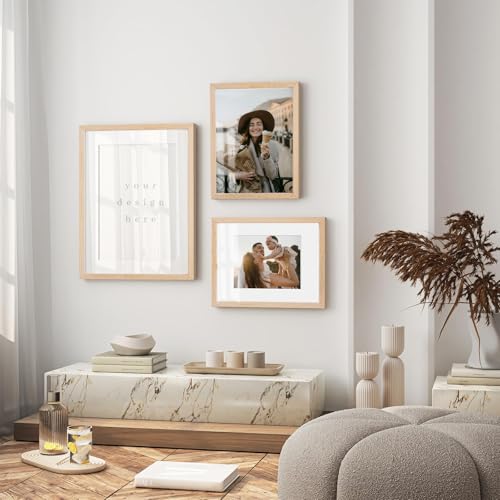 9x12 Oak Wood Picture Frams - Minimalist 9x12 Oak Wood Frames, 9"x12" Picture Frame Wood, Natural Solid Wooden Picture Frames for Wall Art Photo and Prints(3 Pack, Beige)
